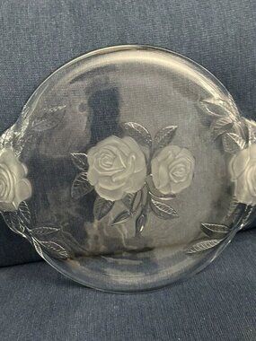Decorative Glass Platter With Embossed Frosted Roses Pattern